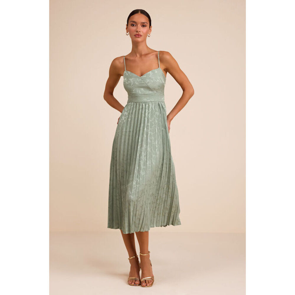Lulus Regal Romance Sage Floral Jacquard Pleated Satin Midi Dress Green